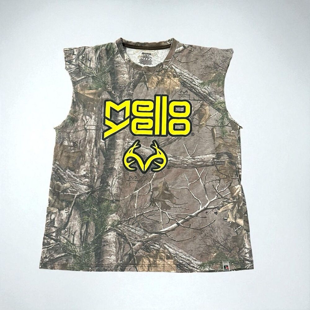 MELLO YELLO Cut Off Shirt Realtree Tank Brown Camo Racing Hunting Men's‎ Size XL
